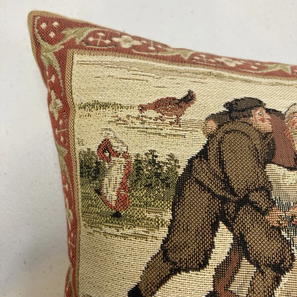 Vtg Scottish Tapestry Throw Pillow Crewel Cottage‎ Scene 13 X13